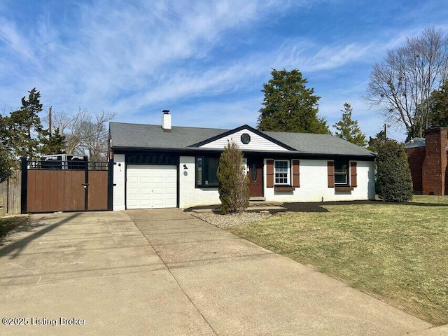 single story home with driveway, a garage, roof with shingles, fence, and a front yard