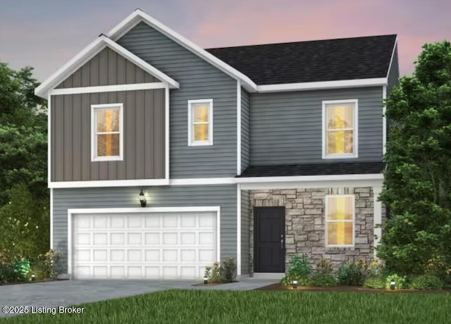 view of front facade with a garage, concrete driveway, board and batten siding, and stone siding