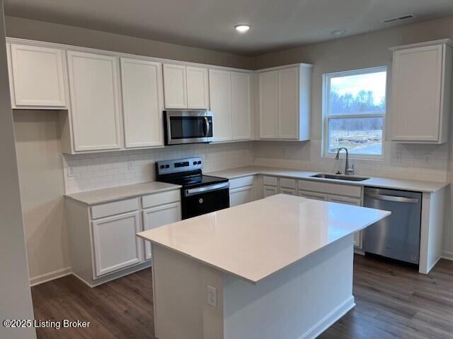 kitchen with dark wood-style floors, stainless steel appliances, decorative backsplash, white cabinets, and a sink