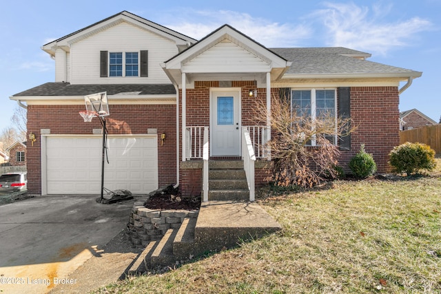 view of front facade with concrete driveway, brick siding, an attached garage, and a shingled roof