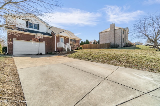 view of front of home featuring concrete driveway, brick siding, an attached garage, and fence