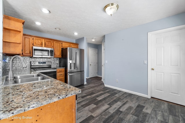 kitchen with stainless steel appliances, a sink, open shelves, tasteful backsplash, and dark wood finished floors