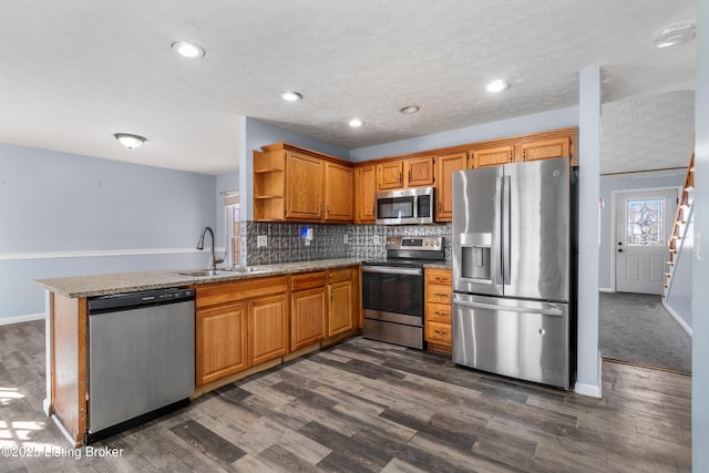 kitchen featuring open shelves, stainless steel appliances, tasteful backsplash, a sink, and a peninsula