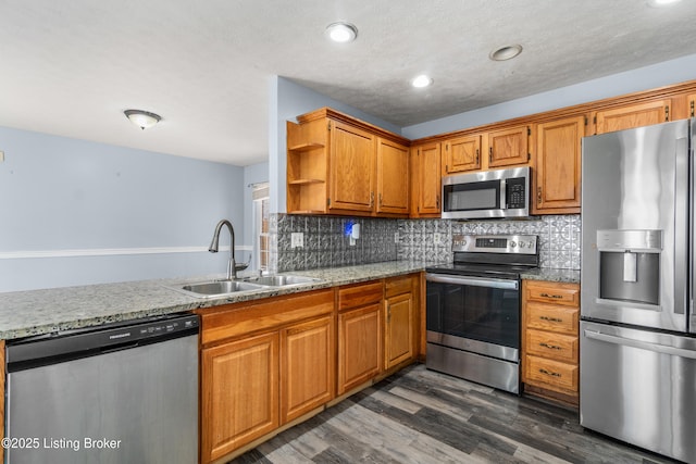 kitchen featuring dark wood-style floors, open shelves, decorative backsplash, appliances with stainless steel finishes, and a sink