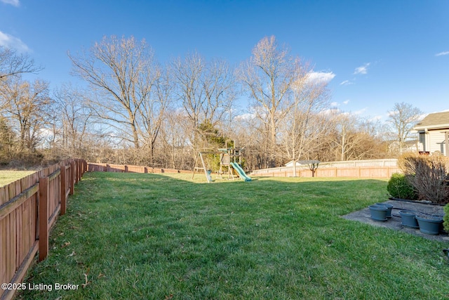 view of yard with a playground and a fenced backyard