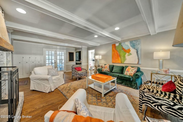 living room featuring french doors, crown molding, recessed lighting, wood finished floors, and beamed ceiling