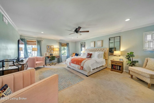 bedroom with recessed lighting, visible vents, baseboards, ornamental molding, and carpet