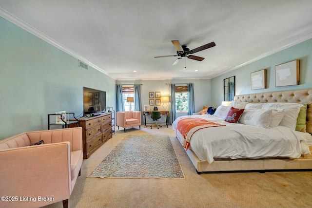 bedroom featuring light carpet, visible vents, ceiling fan, crown molding, and recessed lighting