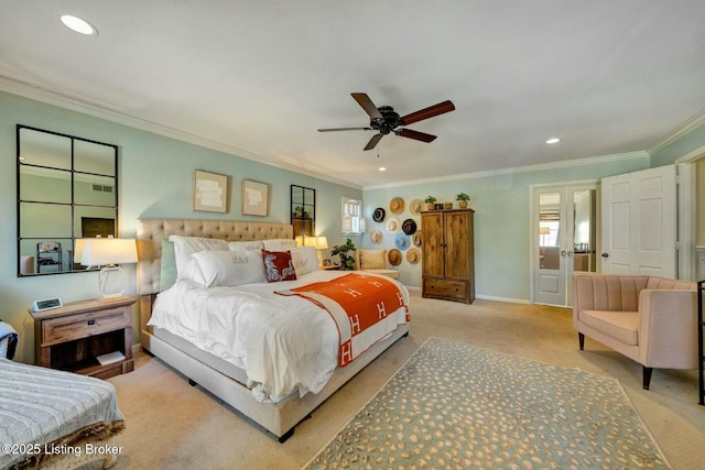 bedroom featuring crown molding, multiple windows, baseboards, and carpet flooring