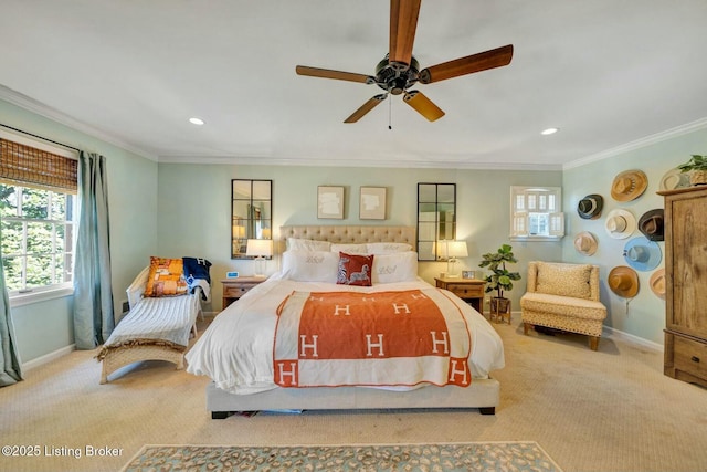 carpeted bedroom featuring baseboards, crown molding, and recessed lighting