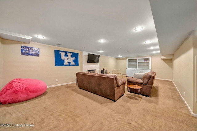 carpeted living room with built in features, a fireplace, recessed lighting, visible vents, and baseboards