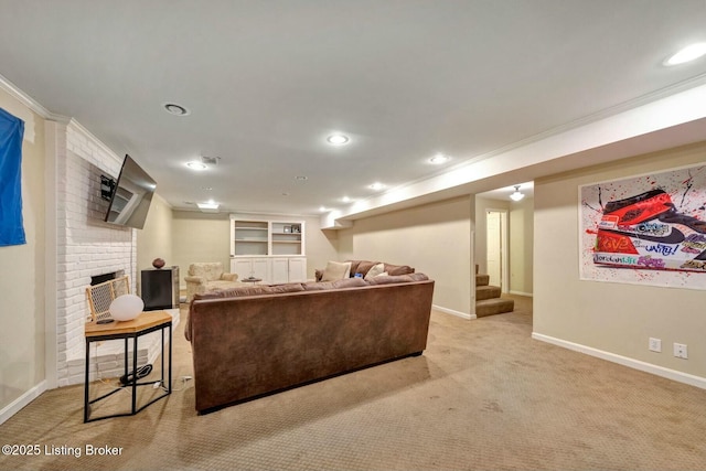 living room with carpet floors, baseboards, a fireplace, and stairway