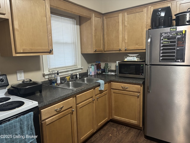 kitchen featuring stainless steel appliances, dark countertops, dark wood-style flooring, and a sink