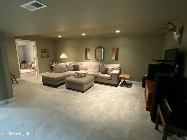 living area featuring recessed lighting, light colored carpet, visible vents, and baseboards