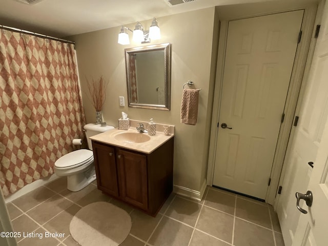 bathroom with tile patterned flooring, toilet, visible vents, vanity, and baseboards