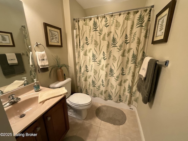 full bath featuring toilet, a shower with curtain, tile patterned flooring, and vanity