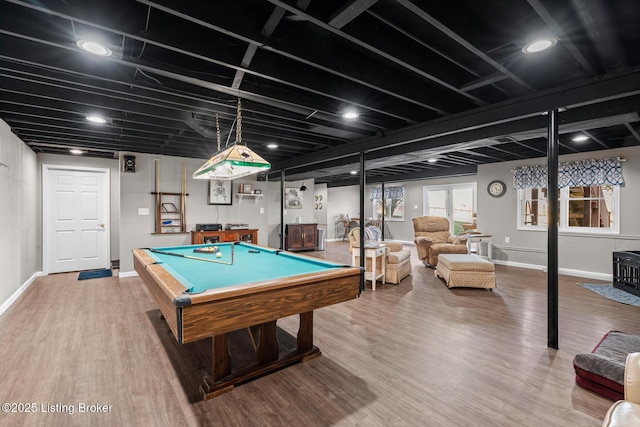 playroom with billiards, baseboards, and wood finished floors