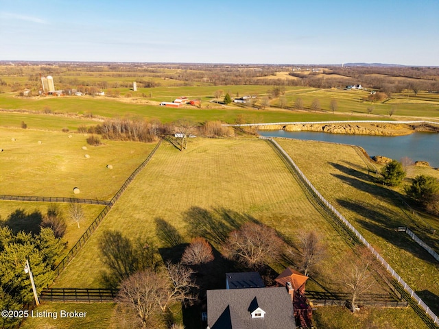 bird's eye view featuring a rural view and a water view