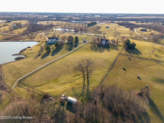 drone / aerial view with a water view and a rural view