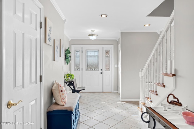 entrance foyer with baseboards, stairway, ornamental molding, light tile patterned floors, and recessed lighting