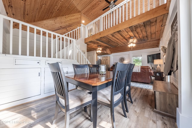 dining room featuring ceiling fan, wooden ceiling, wood finished floors, a towering ceiling, and stairs