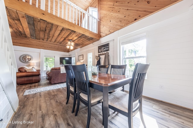 dining room with wooden ceiling, a high ceiling, and wood finished floors