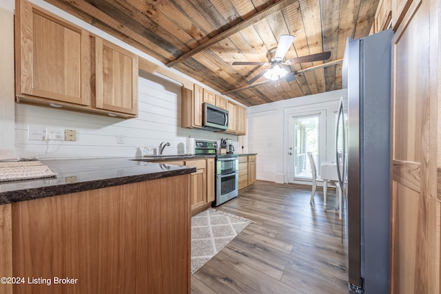 kitchen with wooden ceiling, a sink, a ceiling fan, appliances with stainless steel finishes, and light wood finished floors