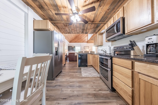 kitchen featuring light brown cabinets, light wood-style flooring, a sink, wood ceiling, and appliances with stainless steel finishes