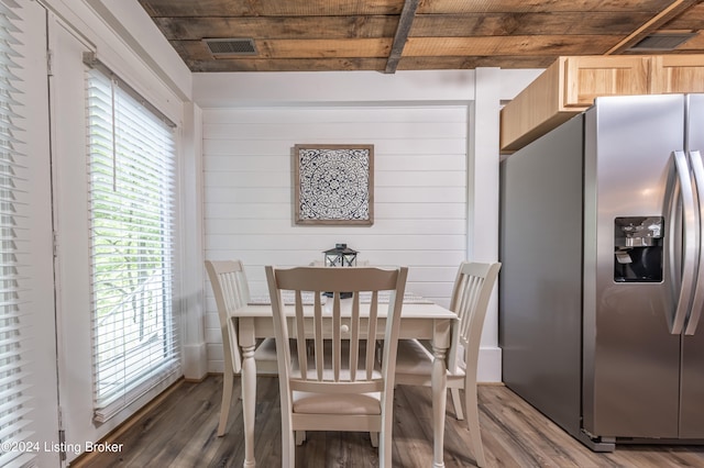 dining room featuring wood walls, wood ceiling, visible vents, and wood finished floors