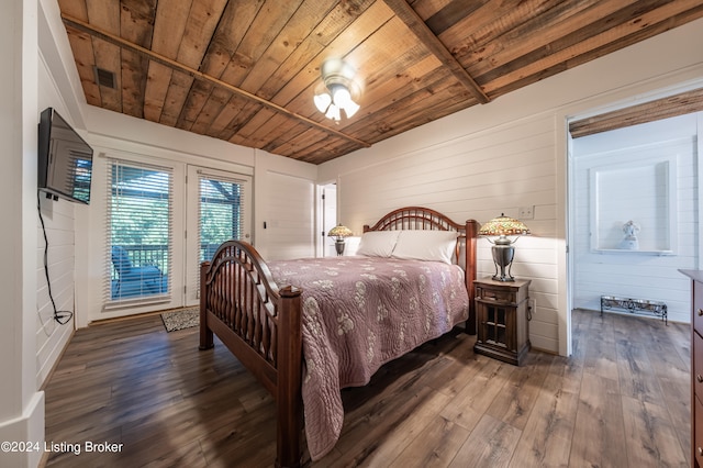 bedroom featuring access to exterior, wooden ceiling, visible vents, and wood finished floors