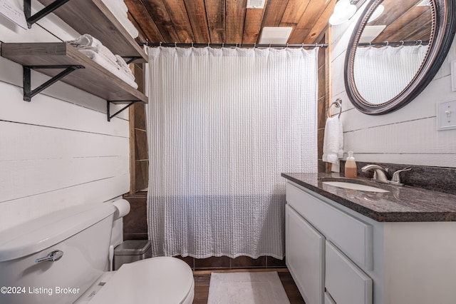 full bathroom with curtained shower, wood ceiling, vanity, and toilet