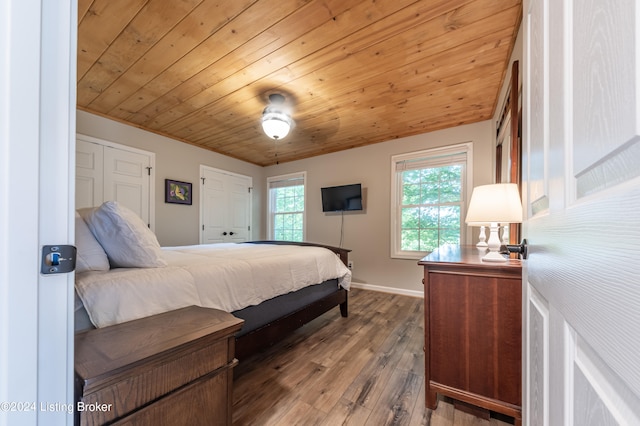 bedroom featuring hardwood / wood-style floors, wood ceiling, and baseboards