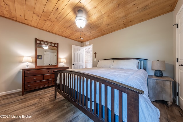 bedroom with wooden ceiling, wood finished floors, and baseboards