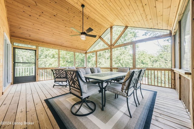 sunroom / solarium featuring a ceiling fan, lofted ceiling, and wood ceiling