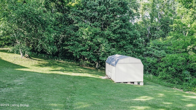 view of yard featuring a storage shed and an outbuilding