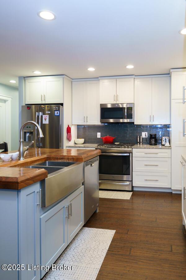 kitchen featuring tasteful backsplash, dark wood finished floors, stainless steel appliances, wood counters, and a sink