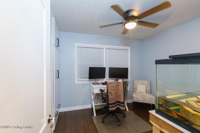 office area featuring ceiling fan, baseboards, and wood finished floors