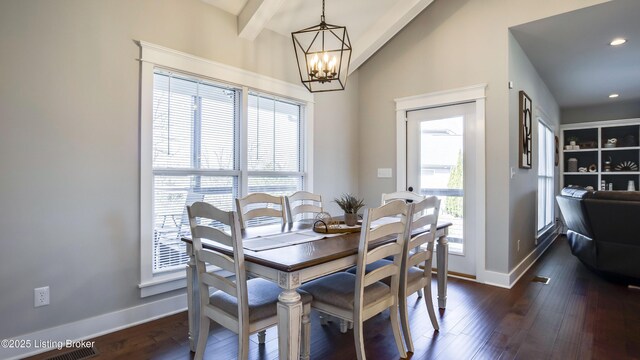 dining area featuring a notable chandelier, beam ceiling, baseboards, and dark wood-type flooring