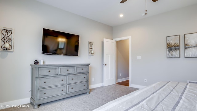 bedroom with ceiling fan, recessed lighting, carpet flooring, visible vents, and baseboards