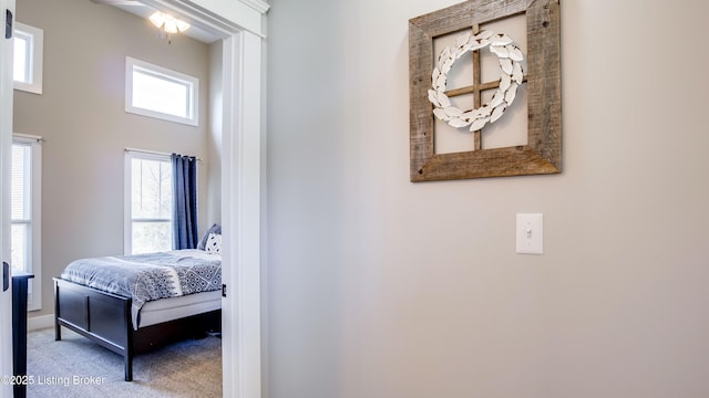 bedroom featuring carpet floors and a high ceiling