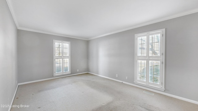 unfurnished room with carpet, crown molding, baseboards, and a wealth of natural light