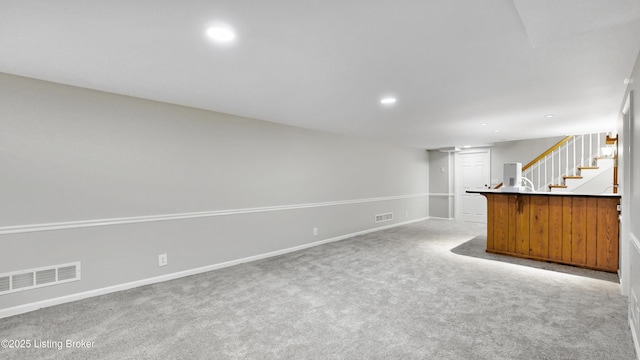 interior space with stairway, carpet, visible vents, and recessed lighting