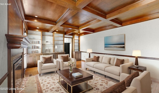 living area with coffered ceiling, wood ceiling, beamed ceiling, light wood-type flooring, and recessed lighting