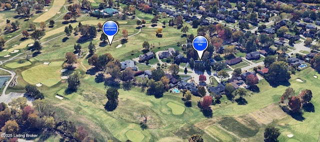 bird's eye view featuring a residential view and golf course view