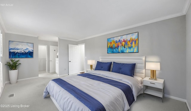 bedroom featuring baseboards, visible vents, ensuite bath, crown molding, and carpet flooring