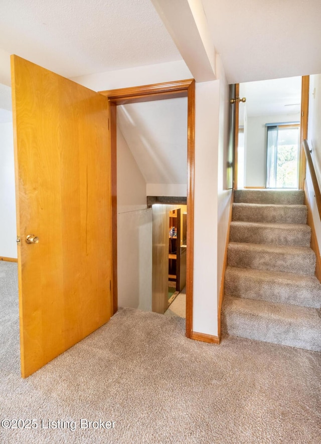 stairway with lofted ceiling and carpet