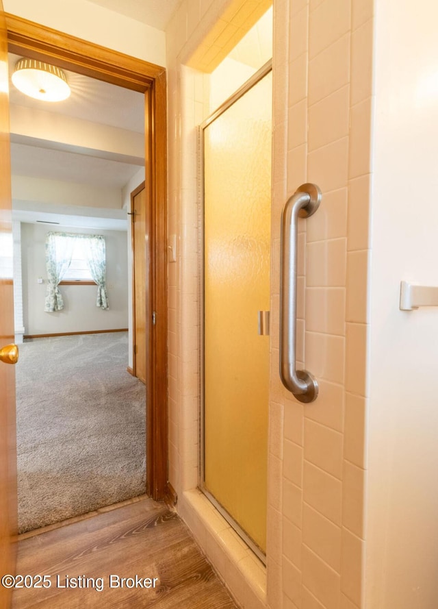 bathroom featuring a shower stall and wood finished floors