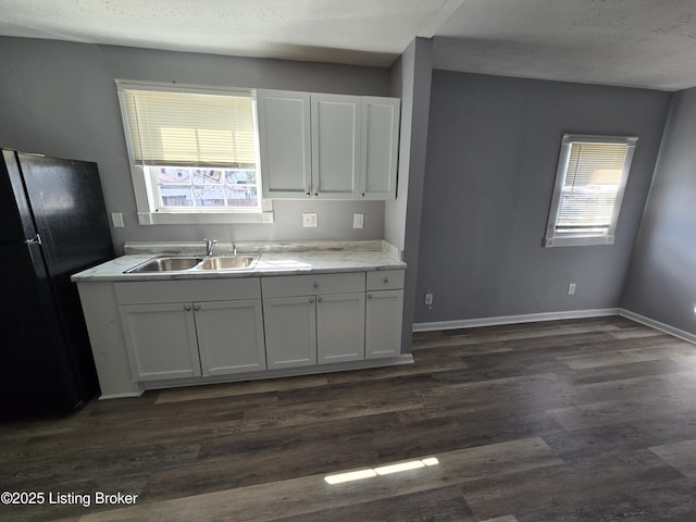 kitchen featuring plenty of natural light, freestanding refrigerator, a sink, and baseboards