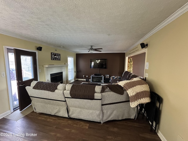 living area featuring dark wood-style floors, a fireplace, baseboards, and crown molding