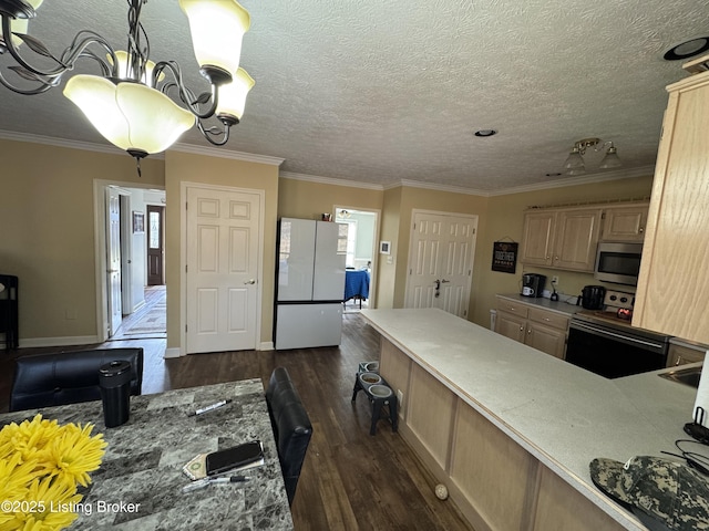 kitchen featuring stainless steel microwave, dark wood-type flooring, freestanding refrigerator, ornamental molding, and range with electric cooktop